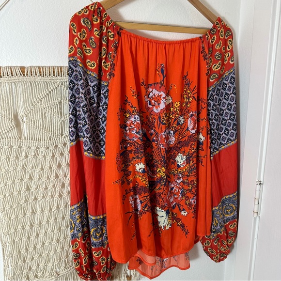 70s Free People Bright Orange Red Tapestry Bohemian Floral Peasant Blouse Small - Picture 3 of 11